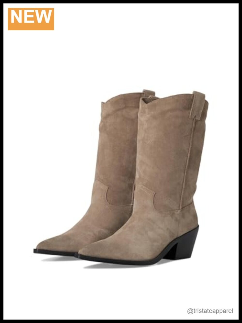 Suede Western Ankle Boots, Pointed Toe Stacked Heel, Side Pull Loops